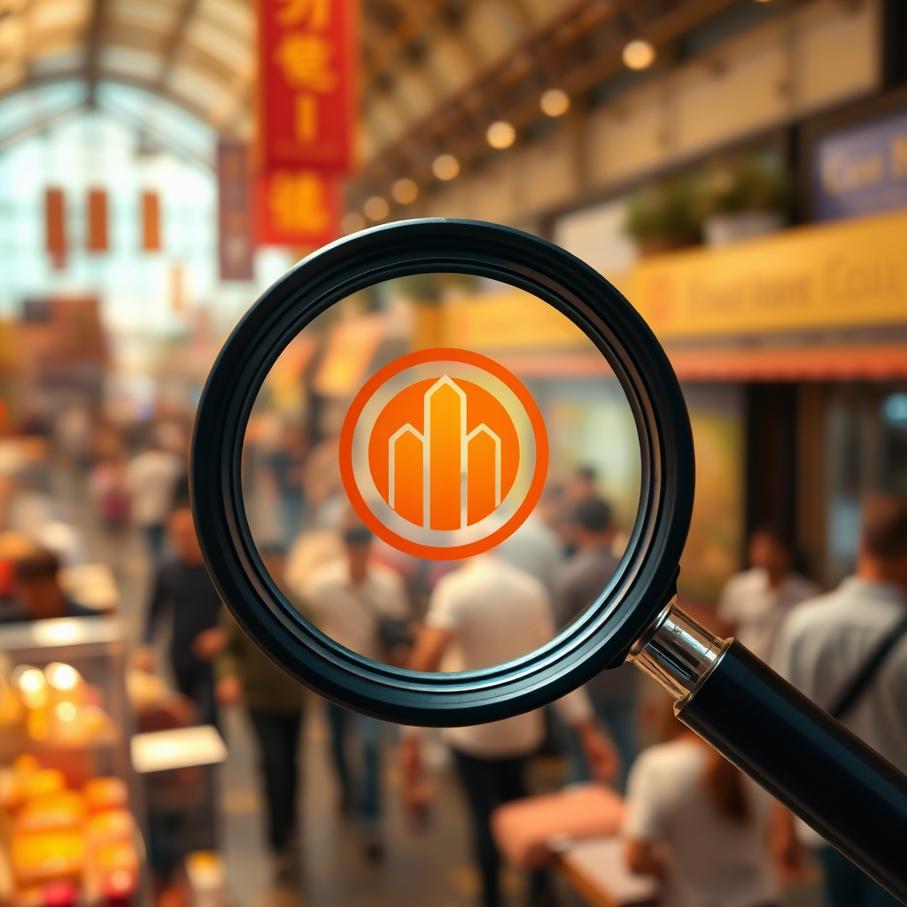 A photorealistic image of a magnifying glass focusing on a business logo, highlighting its visibility. The background is a bustling marketplace scene, representing the competition. The color palette is warm and inviting, with a focus on gold and orange. 4K resolution, high quality.