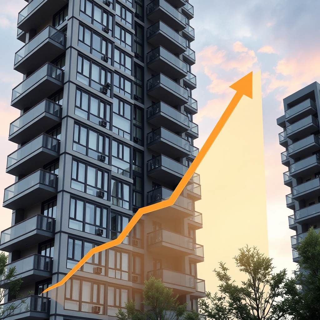 A photorealistic image of a modern, high-rise apartment building with a rising graph overlayed on it. The graph represents the growing value of property investments. The image should convey stability and growth.