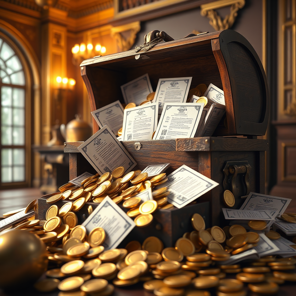 A photorealistic image of a overflowing treasure chest with gold coins and land deeds spilling out. The lighting is bright and celebratory, emphasizing the abundance of rewards. The setting is a luxurious, yet secure location. Style: Classic treasure imagery with a modern twist. Technical specs: 4K resolution, high-quality rendering.