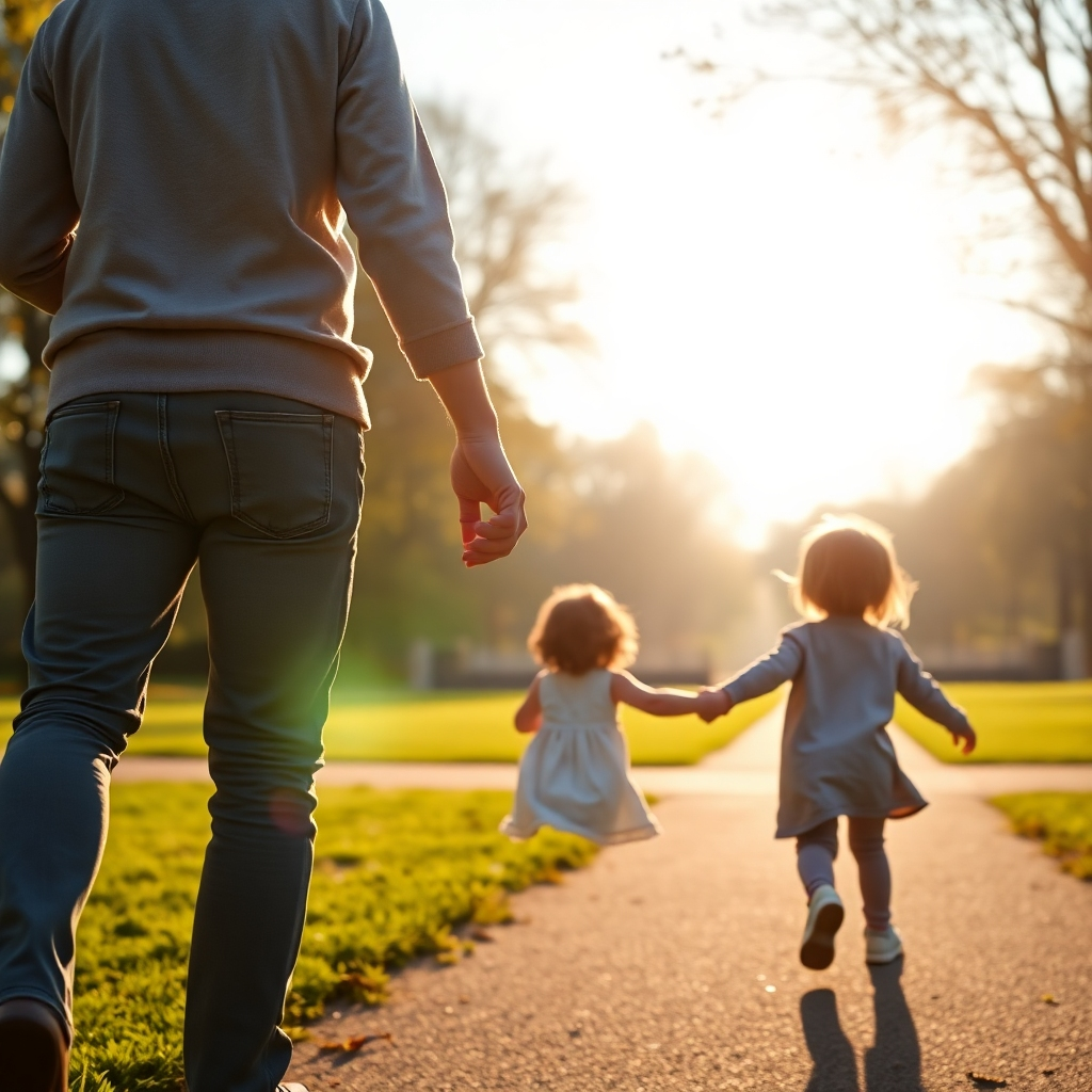 A photorealistic image of a parent holding a child's hand, walking towards a bright future represented by a sunlit park. A subtle, almost invisible shield surrounds them, symbolizing health insurance. Soft, natural lighting. Medium shot. Focus on the connection between parent and child. 4K resolution, high quality.