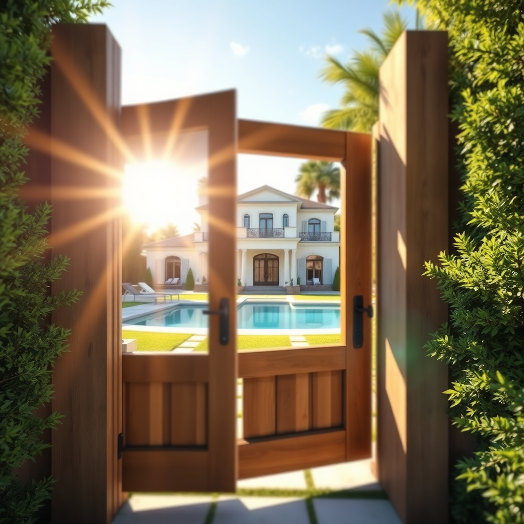 A photorealistic image of a partially open wooden gate revealing a stunning view of a luxurious villa with a pool, set amidst lush greenery. Sunlight streams through the gate, highlighting the promise of discovering hidden opportunities. Use a shallow depth of field to focus on the villa in the background.