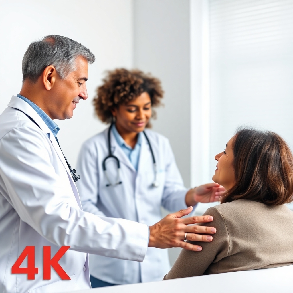 A photorealistic image of a person receiving a diagnosis from a doctor. The doctor is empathetic and reassuring. Soft, professional lighting. Medium shot. Focus on the doctor-patient interaction. 4K resolution, high quality.