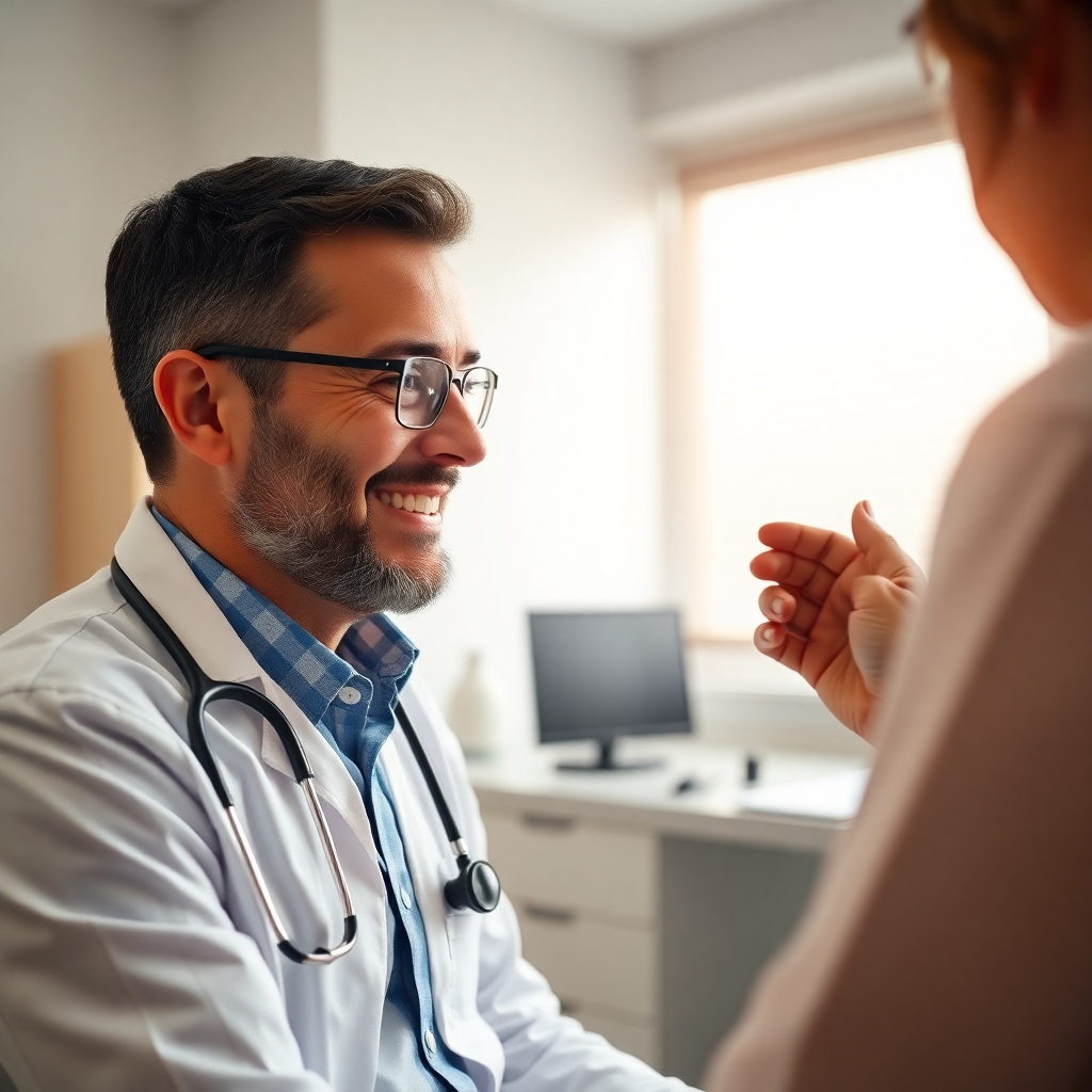 A photorealistic image of a person getting a checkup at the doctor's office. The doctor is friendly and knowledgeable. Natural lighting, Medium shot. Focus on wellness and prevention. 4K Resolution, High Quality.