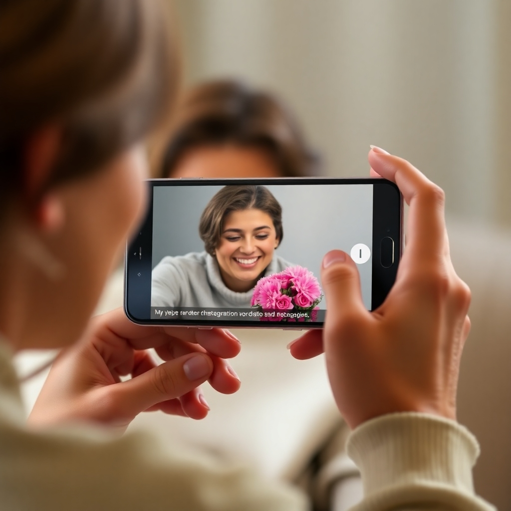 A photorealistic image of a person creating a personalized video dedication on their phone, with a warm and loving expression. Technical specs: High quality, photorealistic.