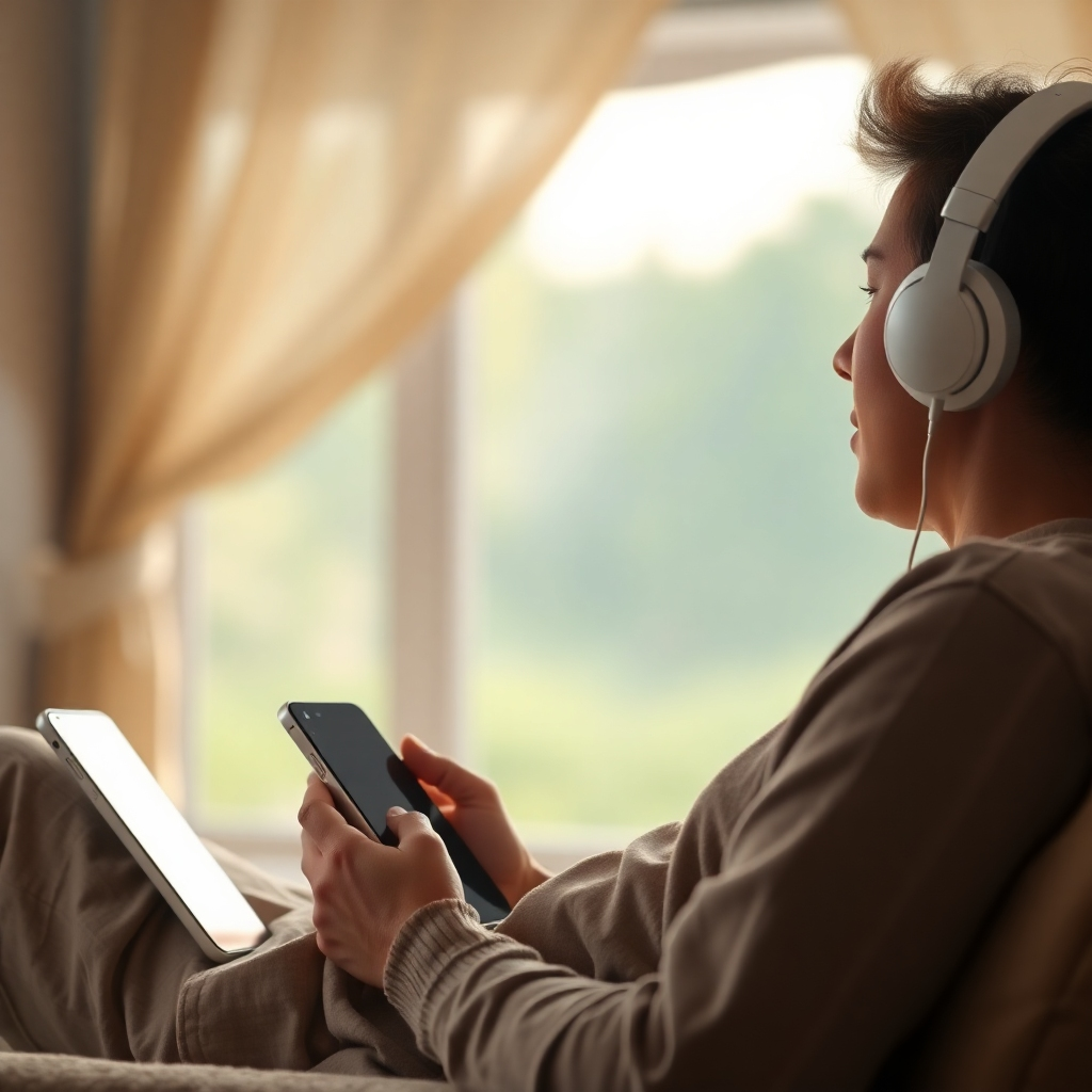 A photorealistic image of a person relaxing and listening to music with headphones, no ads visible on their device. Soft, calming colors and a peaceful background. Technical specs: High quality, photorealistic.