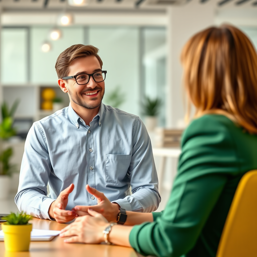 A photorealistic image of a professional receiving positive reviews and testimonials. The background is a bright, modern office space. The color palette is optimistic and encouraging, with a focus on green and yellow. 4K resolution, high quality.
