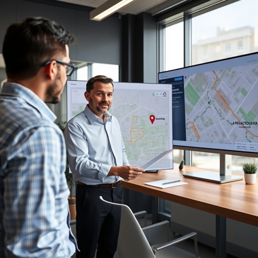 A photorealistic image of a real estate advisor presenting plot options to a client. The setting is a modern office with a large screen displaying maps. The scene conveys professionalism and expertise.