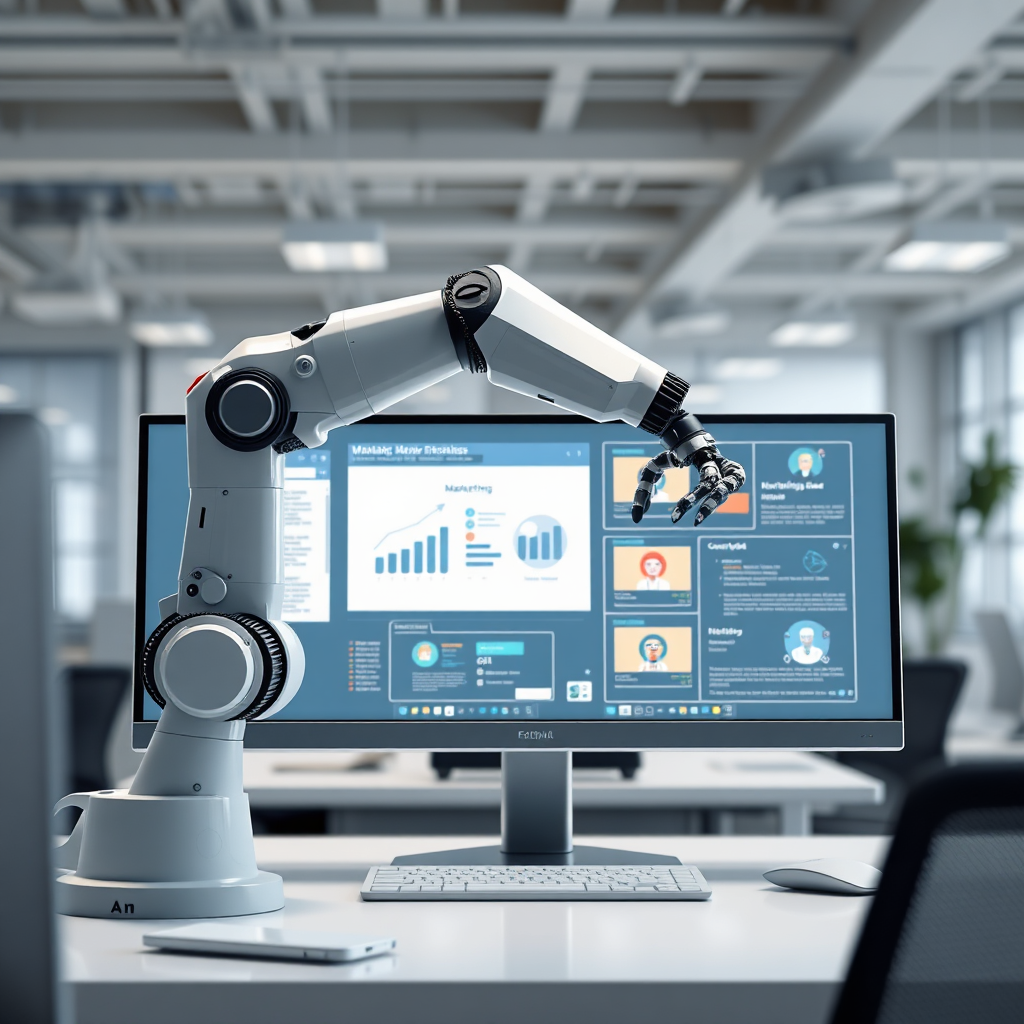 A photorealistic image of a robot arm automating marketing tasks on a computer screen. The background is a clean, modern office space. The color palette is cool and efficient, with a focus on gray and white. 4K resolution, high quality.