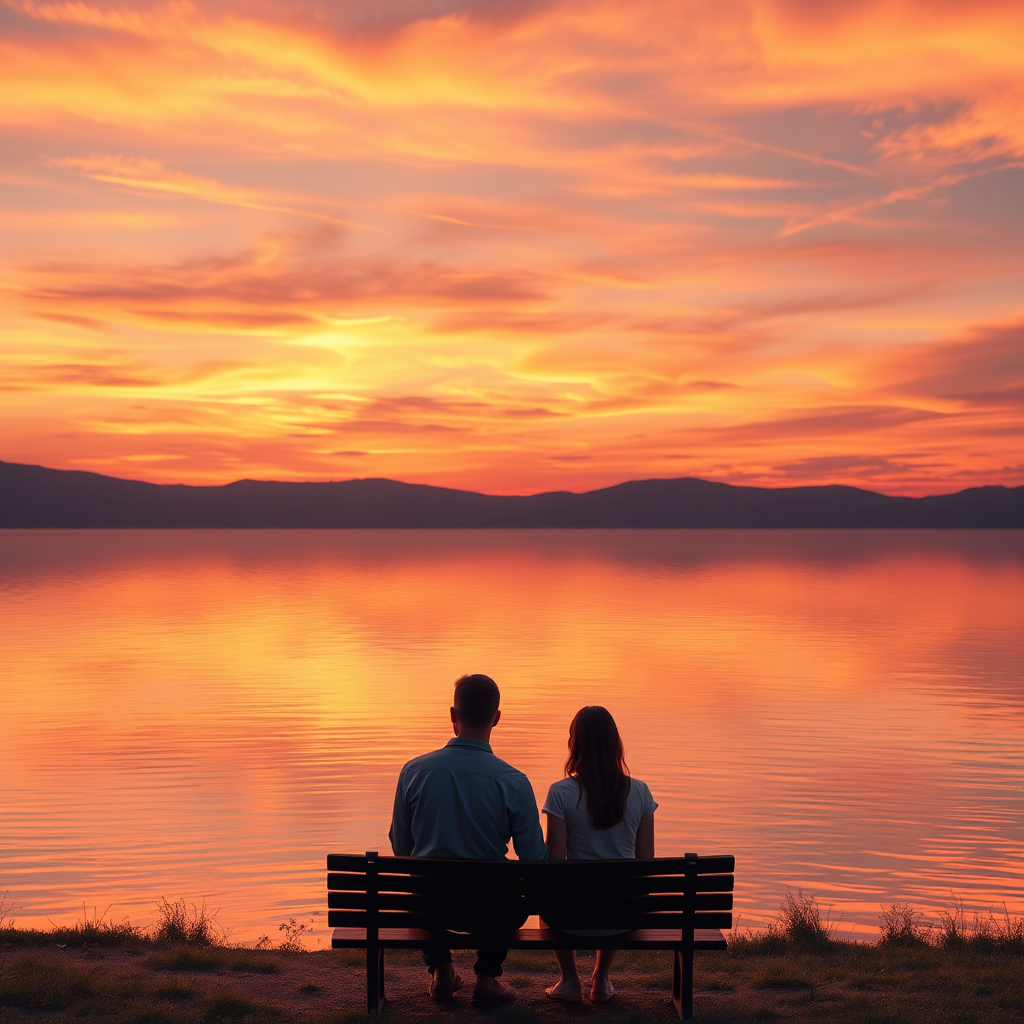 A photorealistic image of a serene sunset over a calm lake. The sky is filled with warm, vibrant colors, reflecting on the still water. In the foreground, a couple is sitting on a bench, holding hands and gazing out at the scene. The overall impression is one of peace, tranquility, and contentment. Camera angle: wide shot, capturing the vastness of the landscape and the intimacy of the couple. Style: Realistic with a touch of romanticism. Technical specs: 4K resolution, high quality detailing.