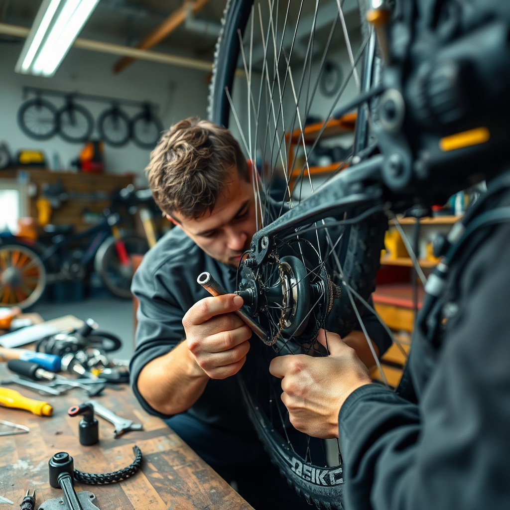 A photorealistic image of a skilled mechanic repairing a cycle in a well-equipped workshop. The mechanic is using specialized tools and is focused on the task at hand. The background features a workbench, spare parts, and other cycles in for repair. The lighting should be bright and even, highlighting the details of the repair process. Focus on capturing the mechanic's expertise and the complexity of the repair. The camera angle should be close-up, showcasing the mechanic's hands and the tools they are using. The overall style should be professional and reliable, conveying a sense of trust and competence.