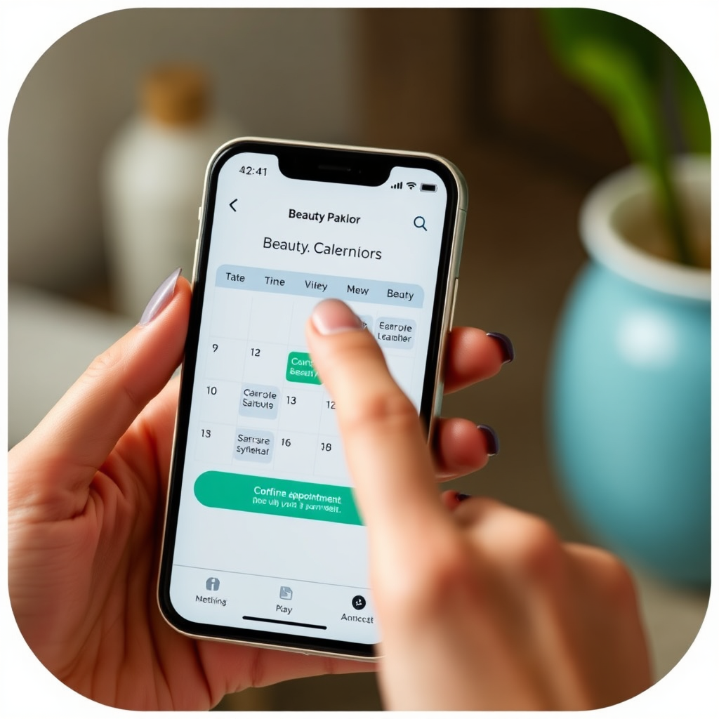 A photorealistic image of a smartphone displaying a beauty parlor booking app. The screen shows a calendar interface with available appointment slots. A woman's hand is tapping the screen to confirm a booking. The lighting is soft and natural, highlighting the ease of use of the app. The color palette is clean and modern, with shades of white, blue, and green. The overall impression is one of convenience and efficiency, emphasizing the simplicity of booking beauty services online.