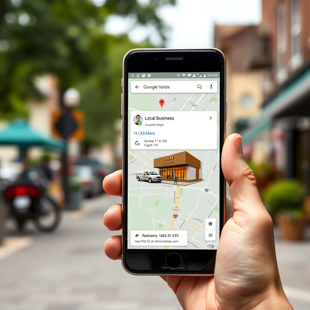 A photorealistic image of a smartphone displaying a local business listing on Google Maps. The background is a blurred street scene, representing the local community. The color palette is earthy and inviting, with a focus on green and brown. 4K resolution, high quality.