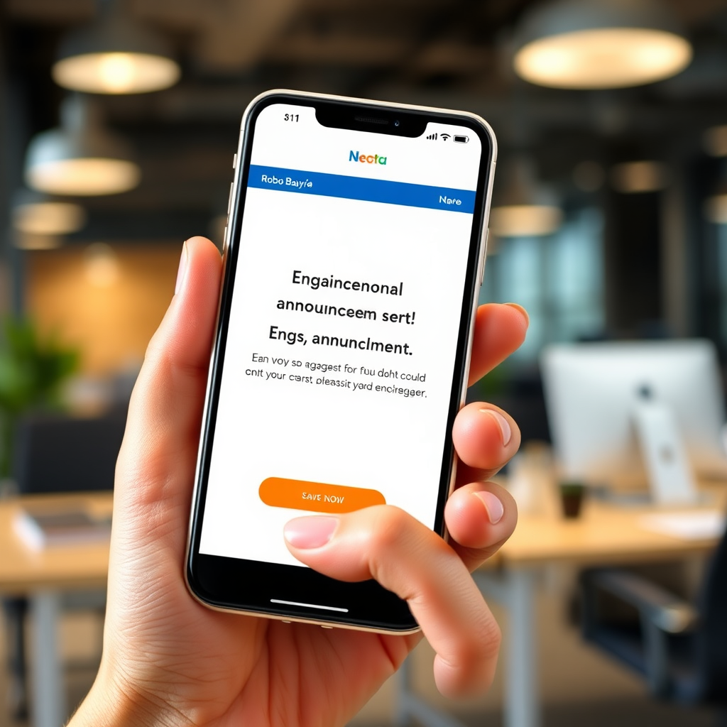A photorealistic image of a smartphone displaying an engaging announcement sent via Robo Bayya's Announcement Bot. The smartphone is held by a friendly, smiling hand. The background is a blurred scene of a professional office, suggesting productivity and connection. The image should be well-lit and in focus, highlighting the clear and concise message on the phone's screen. Colors should be vibrant and inviting, emphasizing the positive experience of receiving the announcement.