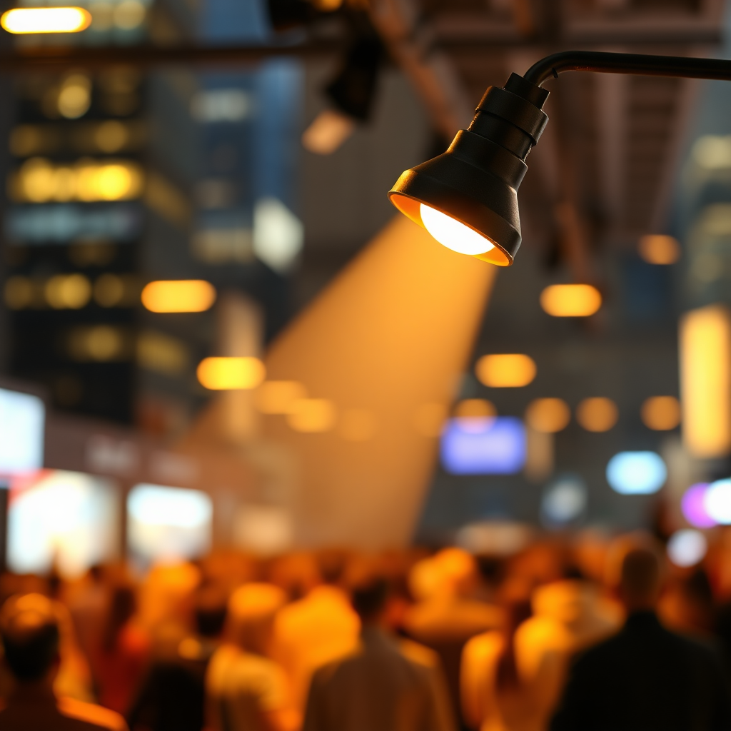 A photorealistic image of a spotlight shining on a business listing in a well-organized directory. The background is a blurred cityscape, representing the target audience. The color palette is warm and inviting, with a focus on gold and orange. 4K resolution, high quality.