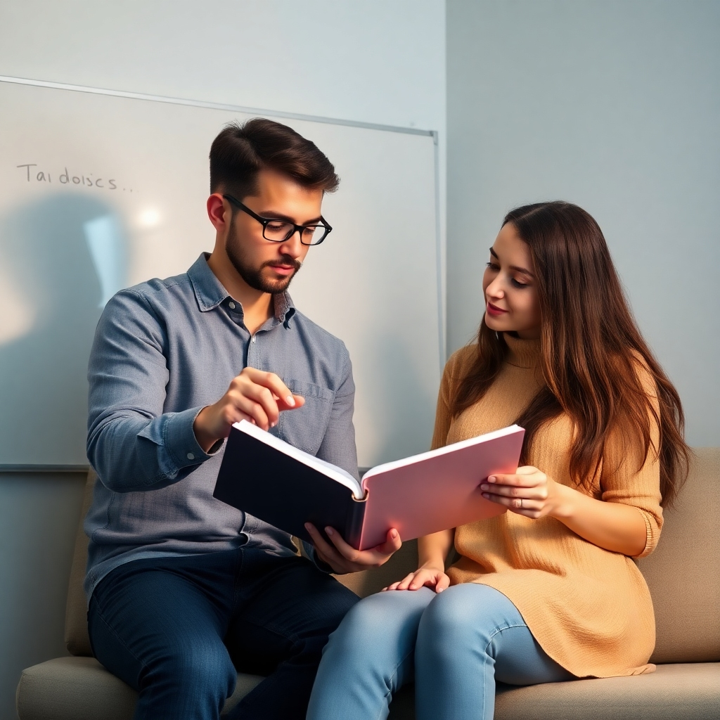 A photorealistic image of a student receiving one-on-one help from a physics tutor. The student is pointing to a problem in a textbook, while the tutor is explaining the solution using a whiteboard. The lighting is soft and supportive. The color palette is calming and reassuring. 4K resolution, high quality.