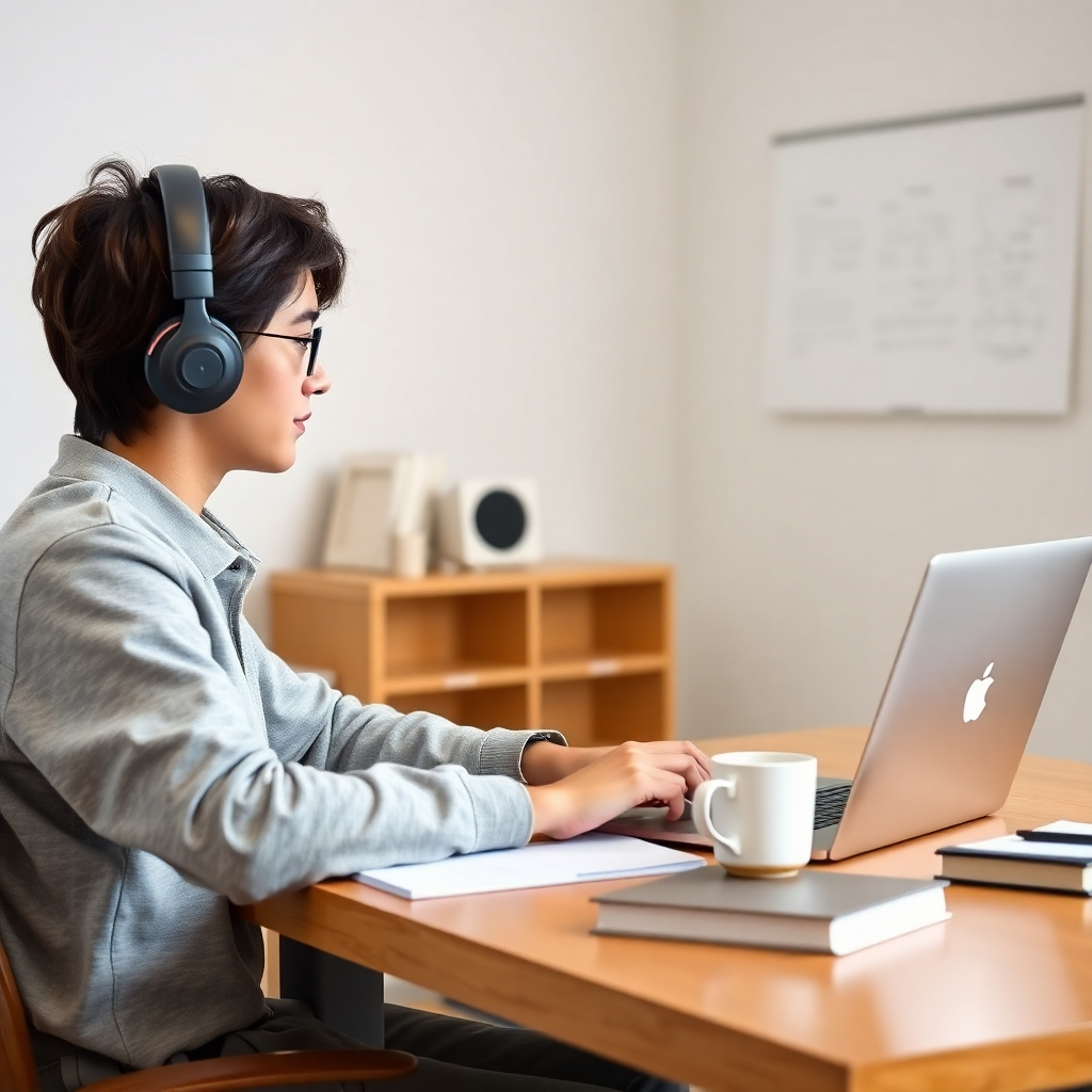 A photorealistic image of a student studying physics online at a desk, highlighting the flexible learning concept. The student is sitting at a desk with a laptop, headphones, and a cup of coffee. The scene emphasizes the comfort and convenience of online learning. 4K resolution, high quality.