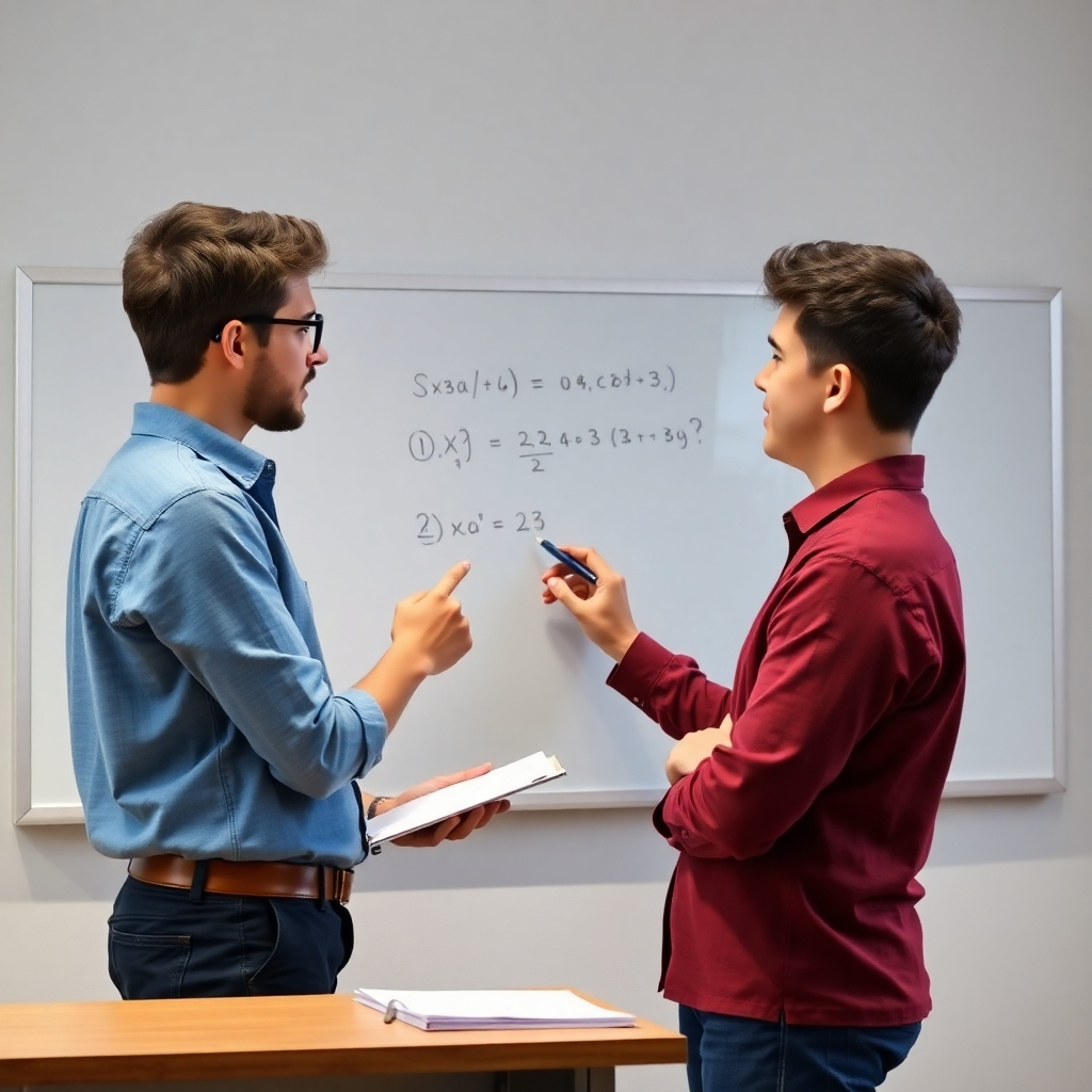 A photorealistic image of a student having a one-on-one doubt clearing session with a physics tutor. The tutor is explaining a problem using a whiteboard. 4K resolution, high quality.