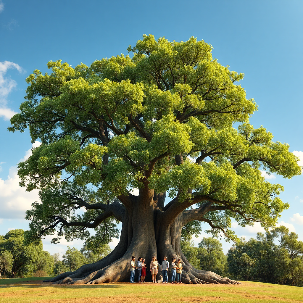 A photorealistic image of a strong, supportive tree with deep roots. The tree is providing shade and shelter to a group of people gathered underneath. The background is a sunny day with a clear blue sky. The color palette is predominantly green and brown, symbolizing growth and stability. Style: Realistic with a focus on natural elements. Technical specs: 4K resolution, high quality detailing.