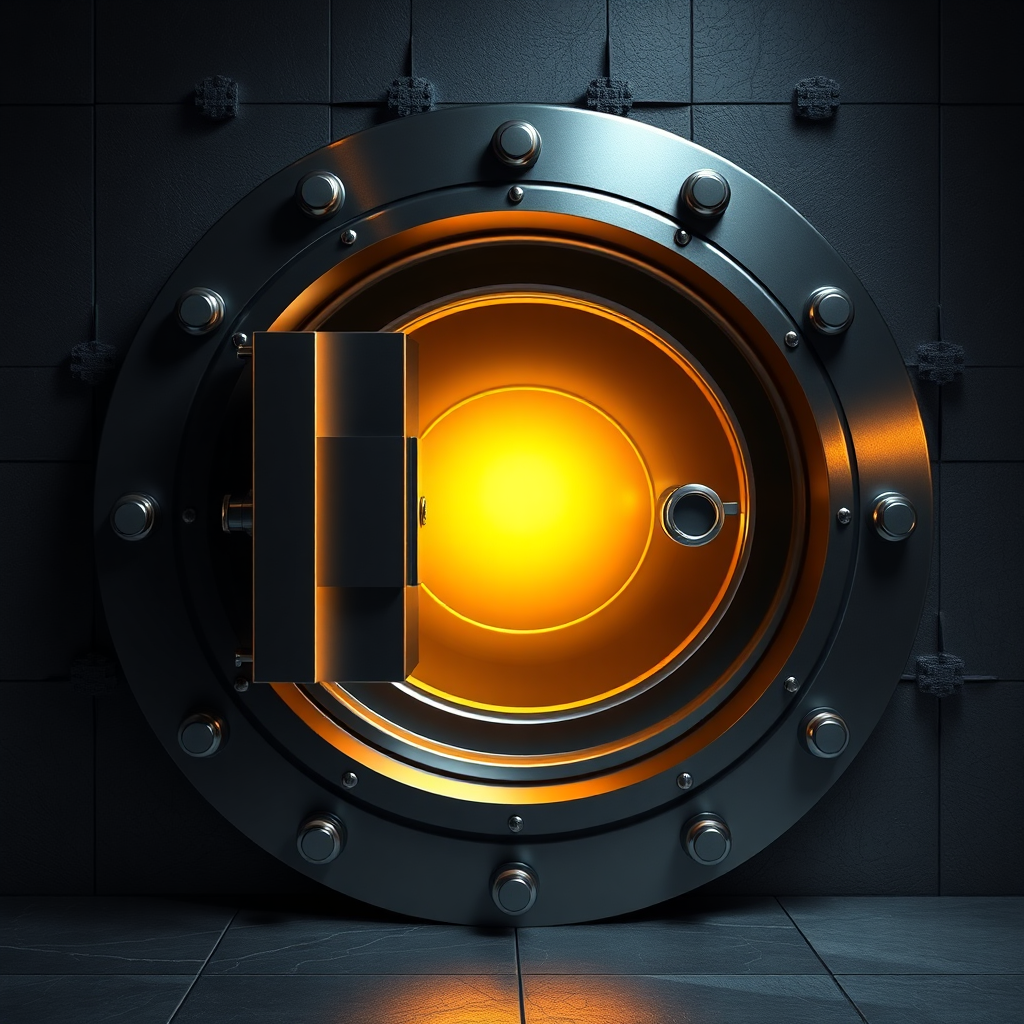 A photorealistic image of a strong, secure vault door with a subtle golden glow emanating from within. The vault represents the security and safety of investments. The lighting should be dramatic, emphasizing the strength and reliability of the vault. Style: Classic, authoritative imagery. Technical specs: 4K resolution, high-quality rendering.