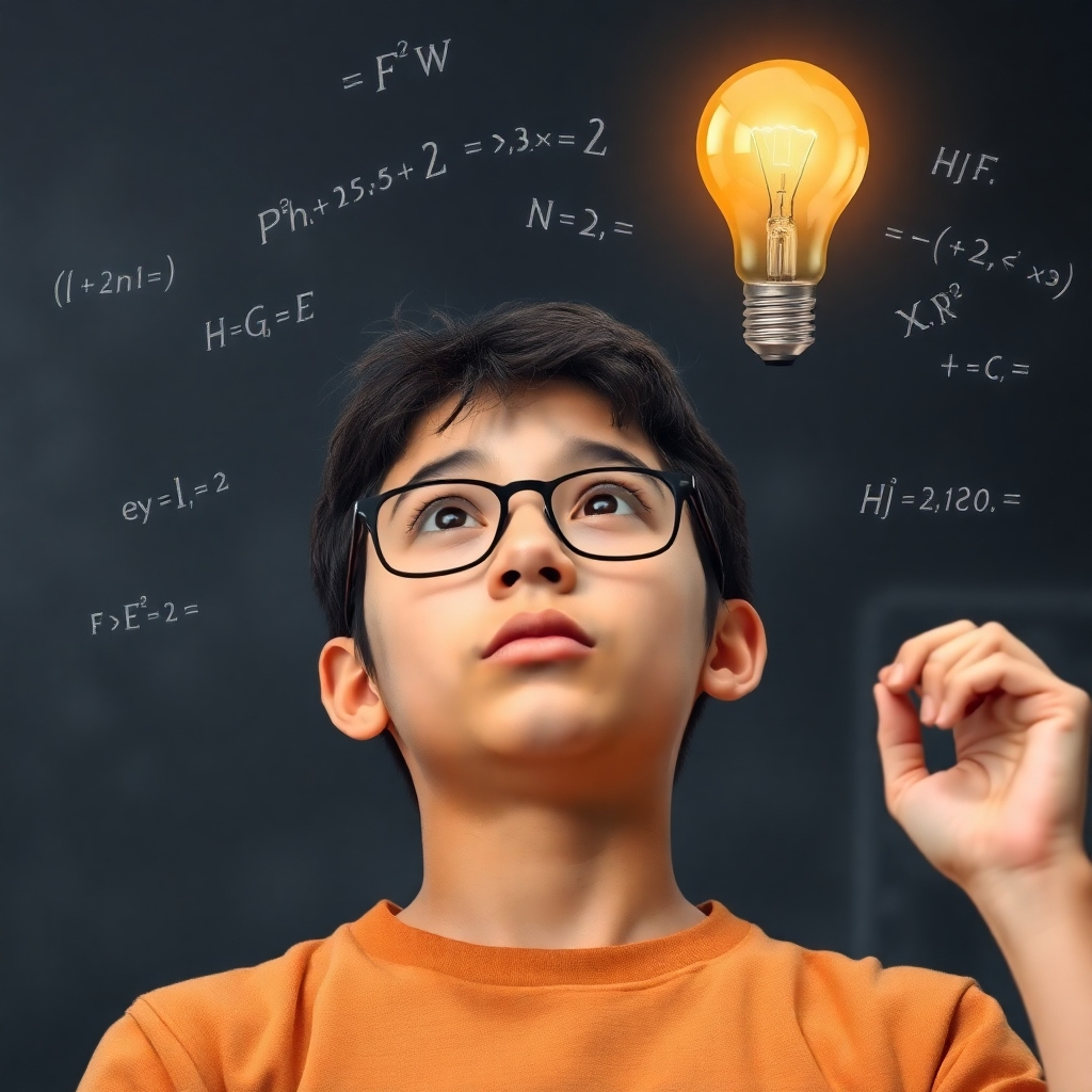 A photorealistic image of a student understanding a difficult physics concept. Light bulb illuminating above head, signifying clear understanding. Physics equations floating around the head, symbolizing the knowledge gained. 4K resolution, high quality.