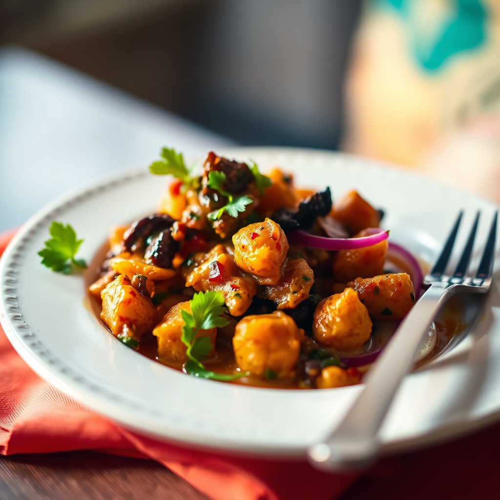 A photorealistic image of a traditional South Indian wedding dish, beautifully plated with a modern twist. The composition should highlight the contrast between the authentic flavors and the contemporary presentation. Lighting should be warm and inviting. The camera angle should be close, capturing the details of the plating.