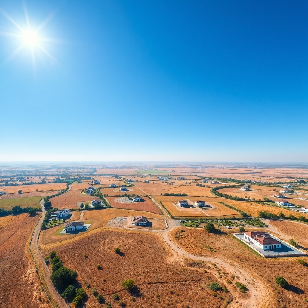 A photorealistic image of a vast landscape with various types of properties (plots, villas, and homes) scattered across it. The sky is clear blue, and the sun is shining, representing endless possibilities.