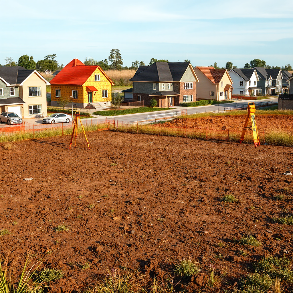 A photorealistic image of a vacant plot of land with surveying equipment on it. The background shows a developing neighborhood with houses under construction, emphasizing the opportunity to build from scratch.