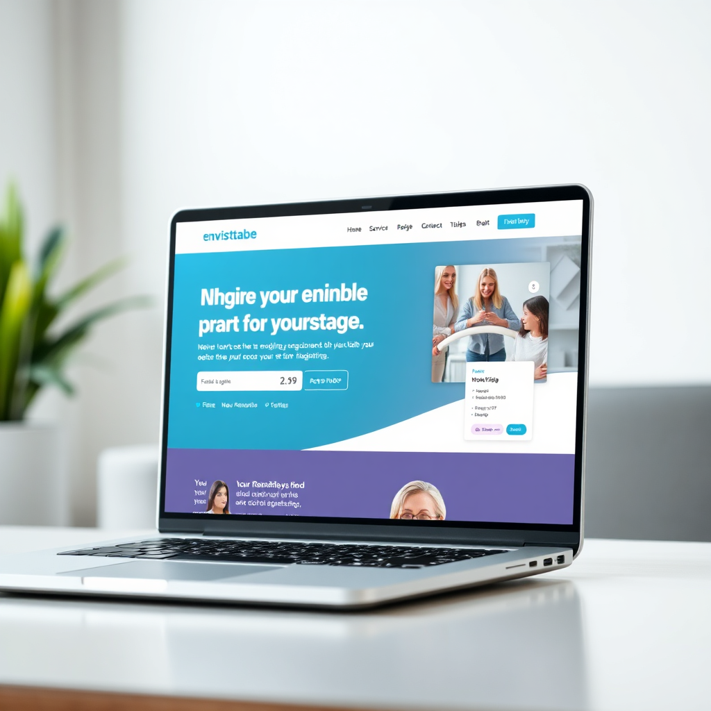 A photorealistic image of a visually appealing landing page displayed on a laptop screen. The landing page features a clear call-to-action, engaging visuals, and persuasive copy. The background is blurred, suggesting a professional and reliable service. The lighting should be bright and professional, emphasizing the clarity and effectiveness of the landing page.
