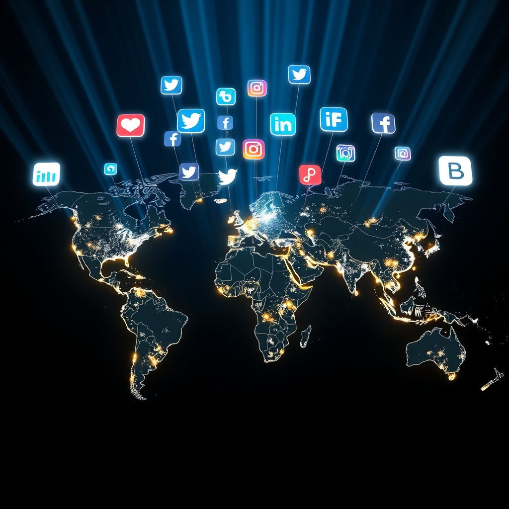 A photorealistic image of a world map with bright light beams radiating from various cities to the social media icons floating above the map. The overall scene should show complete domination of social media using modern technology. 4K resolution.