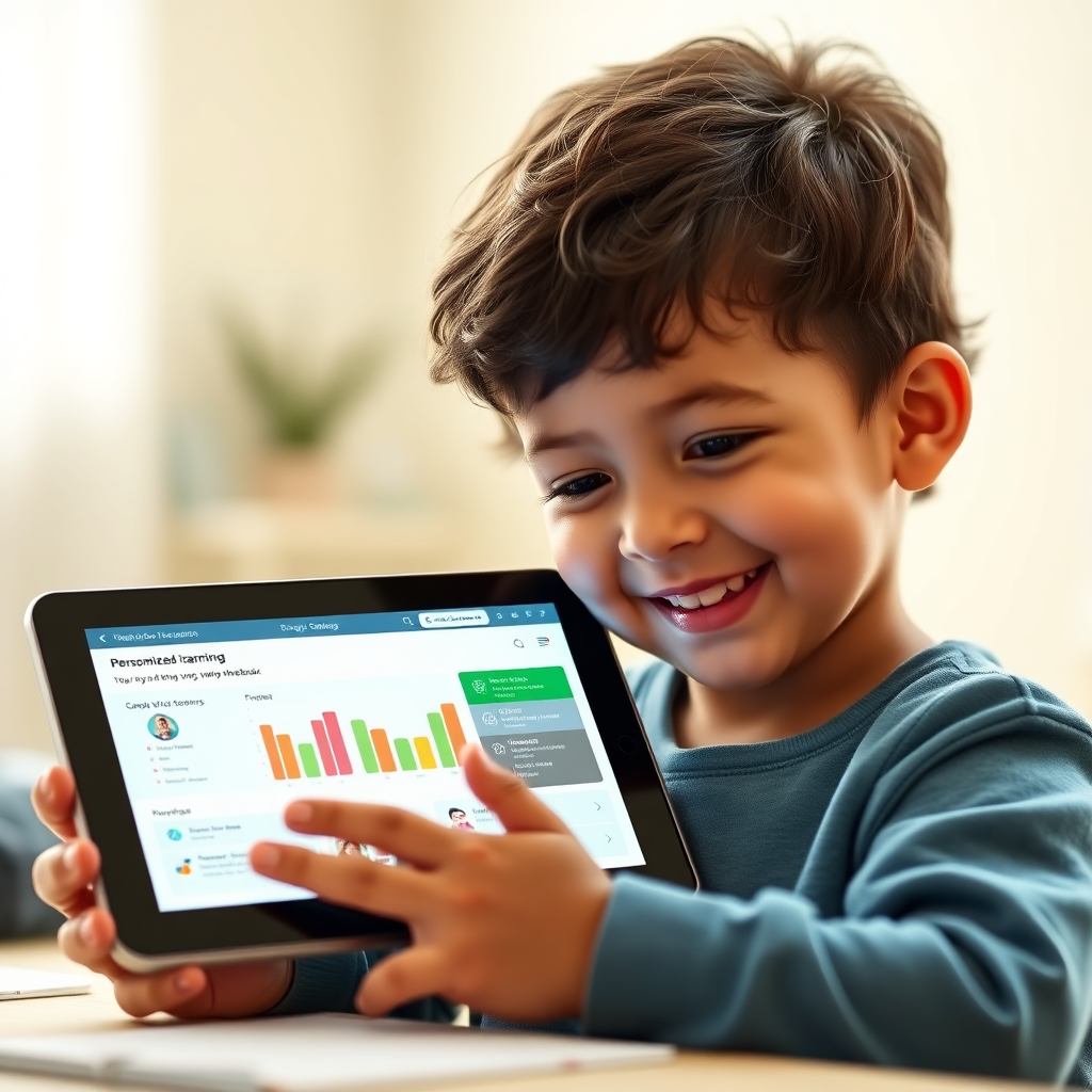 A photorealistic image of a young child using a tablet. The tablet displays a personalized learning dashboard with progress bars and recommendations. The child is smiling and engaged, with a look of understanding. Soft, natural lighting. Focus is on the tablet screen and the child's face. Color palette is bright and cheerful, with a focus on blues and greens.