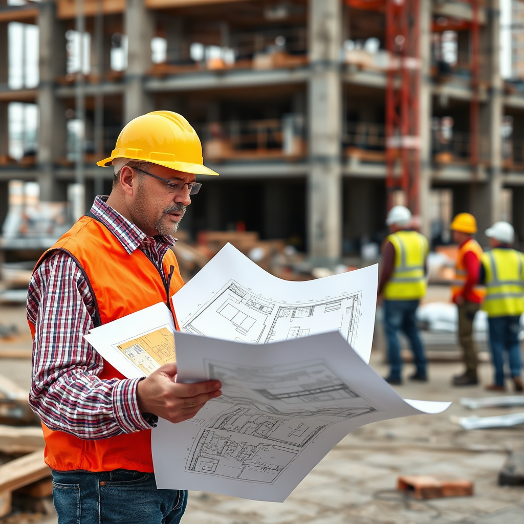 A photorealistic image of an architect reviewing blueprints on a construction site, with construction workers in the background. The scene should convey expertise and progress.