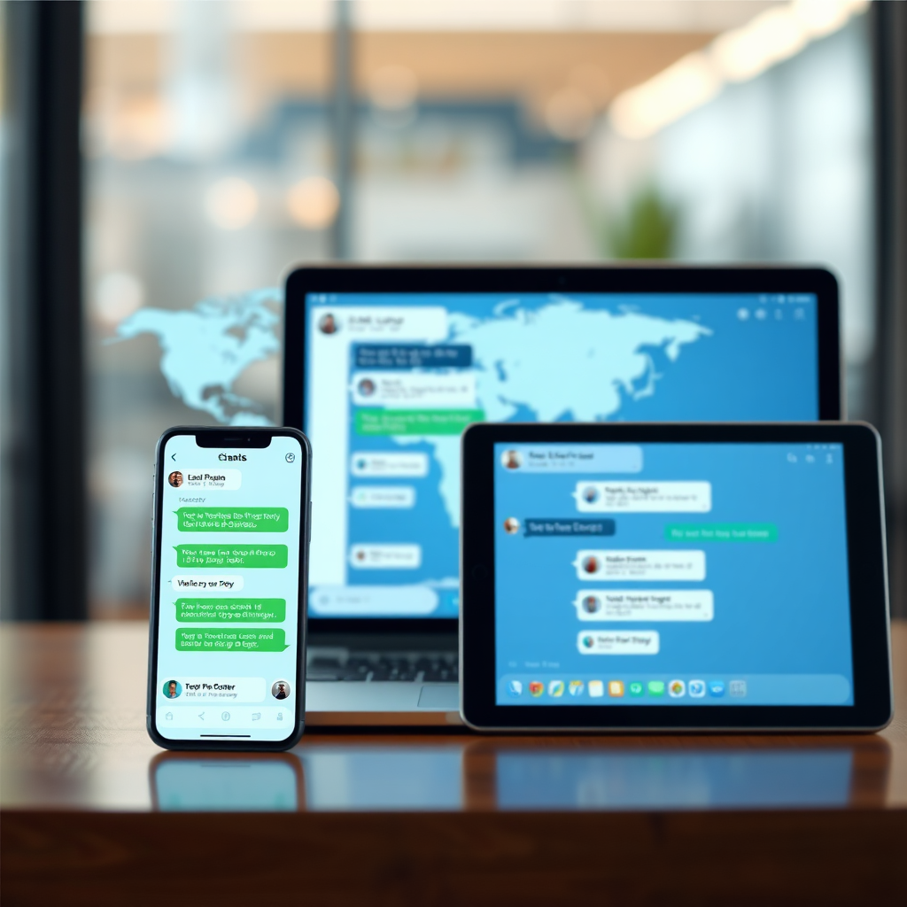 A photorealistic image of an AI chatbot interface displayed on multiple devices (smartphone, laptop, tablet), all showing active conversations. The background is blurred, suggesting a global reach and 24/7 availability. The lighting should be soft and consistent across all devices, emphasizing the seamless integration of the chatbot. The style should be modern and user-friendly, conveying the accessibility and convenience of the AI solution.