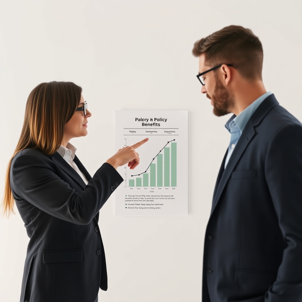 A photorealistic image of an advisor pointing to a simple chart illustrating policy benefits with the client nodding in understanding. Clear, bright lighting. 4K resolution.