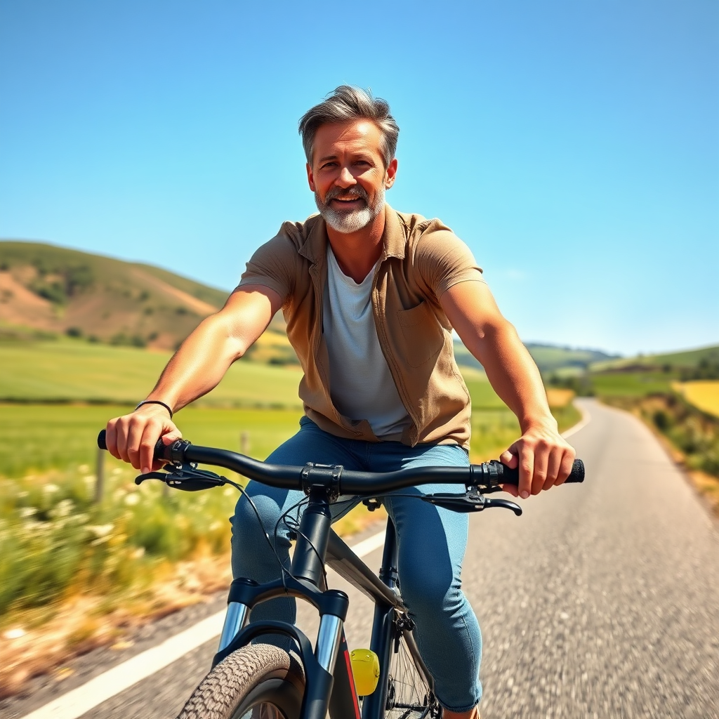 A photorealistic image of an adult riding a cycle on a scenic country road. The cycle is sleek and modern, with comfortable handlebars and a sturdy frame. The background features rolling hills, green fields, and a clear blue sky. The lighting should be warm and sunny, creating a sense of freedom and adventure. Focus on capturing the rider's expression and the movement of the cycle. The camera angle should be slightly high, showcasing the rider and the surrounding scenery. The overall style should be aspirational and inviting, conveying the benefits of cycling for adults.
