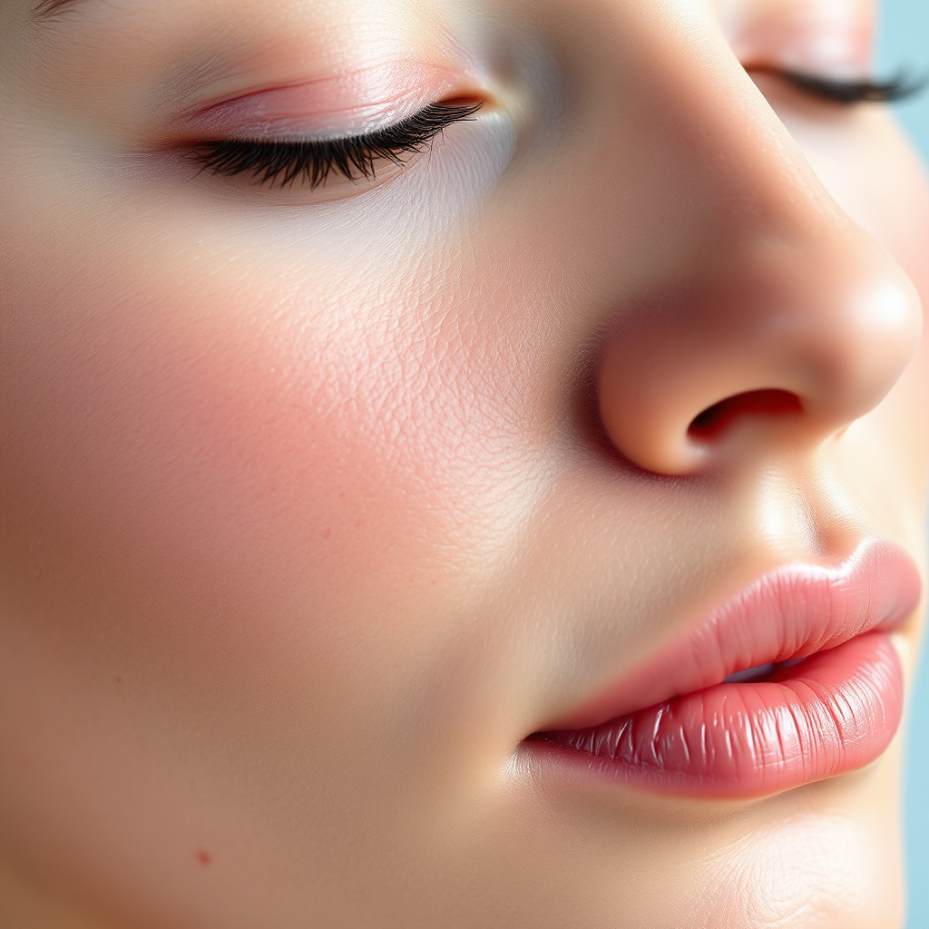 A photorealistic image of clear, smooth skin after receiving acne and scar removal treatment. The focus is on the skin's clarity and texture. The lighting should be soft and flattering. The color palette should be natural and healthy, featuring skin tones and soft, neutral colors. Technical specs: 4K resolution.