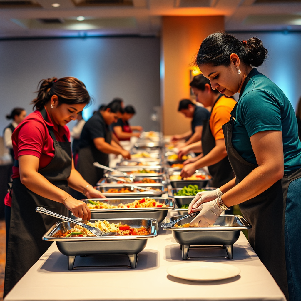 A photorealistic image of Meghana Cooking & Catering staff efficiently setting up a buffet table for an event. The composition should highlight the organization and attention to detail involved in the process. Lighting should be bright and even. The camera angle should be slightly elevated, providing a comprehensive view of the setup process.