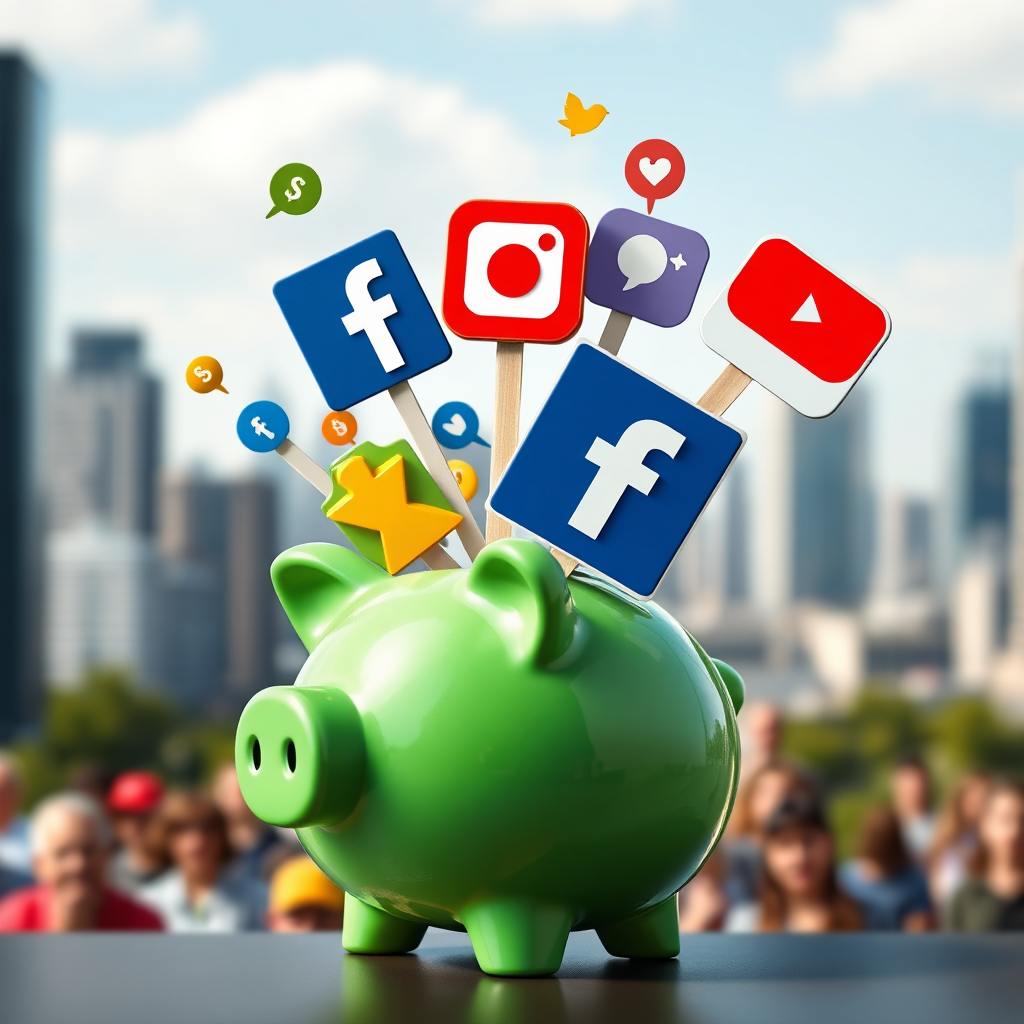 A photorealistic image of social media icons (Facebook, Instagram, YouTube) erupting from a piggy bank, symbolizing affordable social media domination. The background is a blurred cityscape, representing the target audience. The color palette is bright and cheerful, with a focus on green and gold. 4K resolution, high quality.