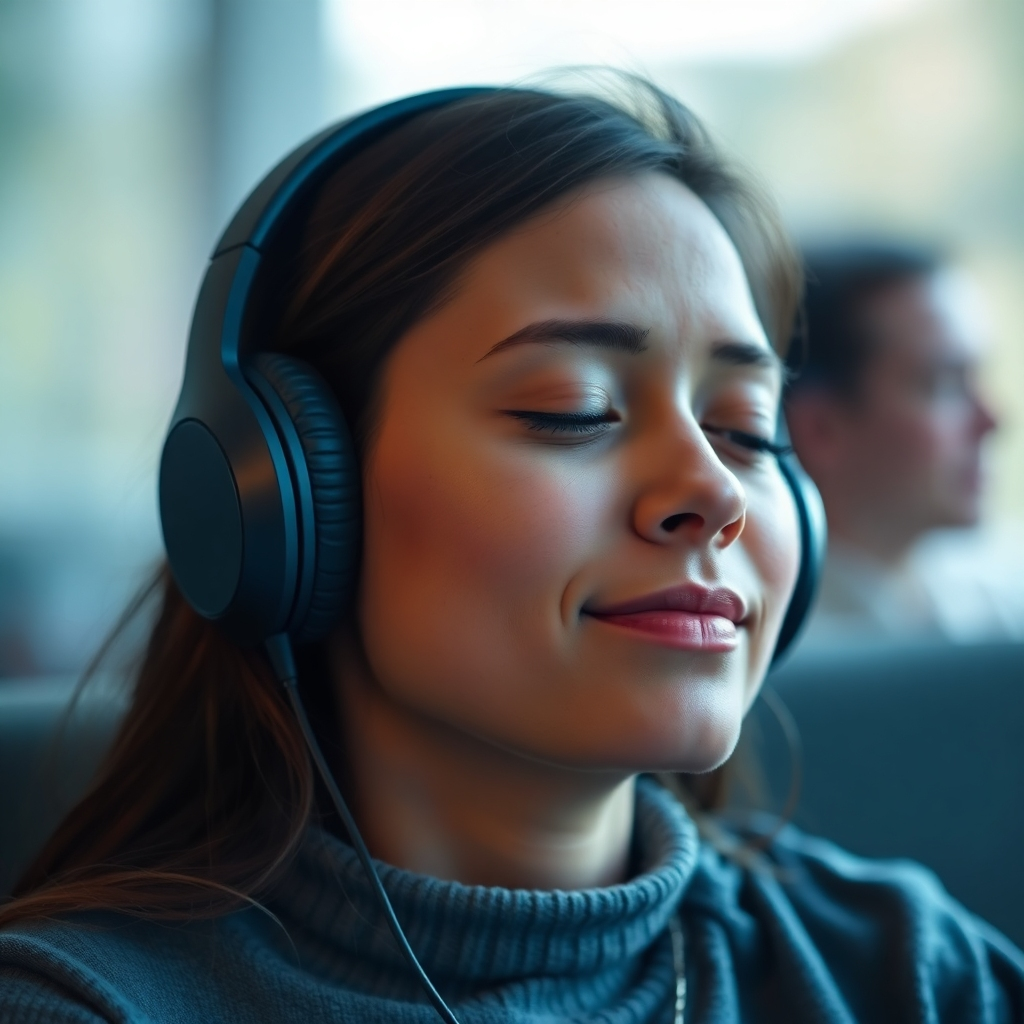 A photorealistic image of someone deeply engrossed in music, wearing noise-canceling headphones, with a peaceful and serene expression. Focus on the headphones and the person's relaxed face. The background is blurred to emphasize the immersive experience. Soft, natural lighting. Colors: Deep blues and greens for a calming effect. Technical specs: High quality, photorealistic.