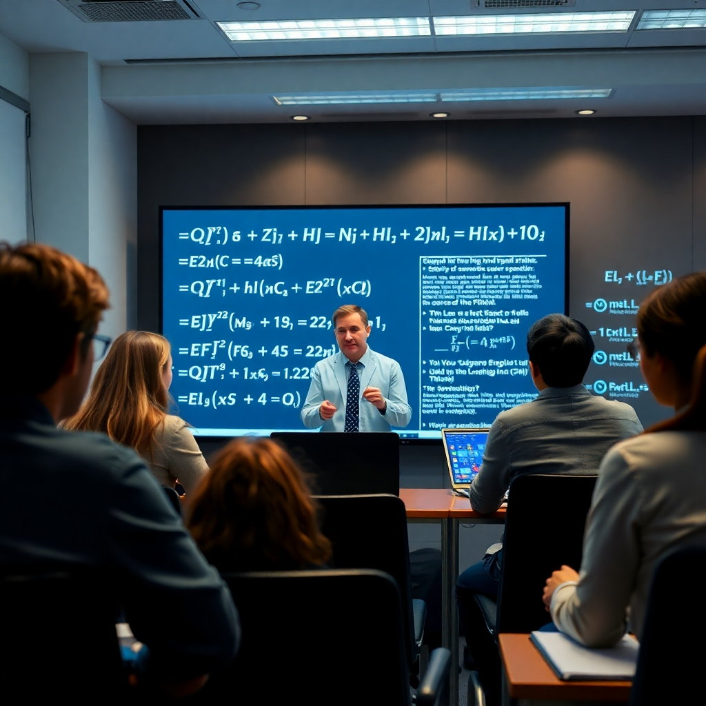 A photorealistic image of students participating in an interactive online physics class. Equations are displayed on the screen behind the instructor. Students are actively asking questions. 4K resolution, high quality.