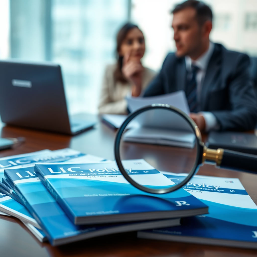 A photorealistic image of various LIC policy brochures displayed on a table, with a magnifying glass hovering over one of them. The background is a blurred image of a financial advisor consulting with a client. The color palette is predominantly blue and white, symbolizing clarity and focus. Style: Realistic with a focus on details. Technical specs: 4K resolution, high quality detailing.