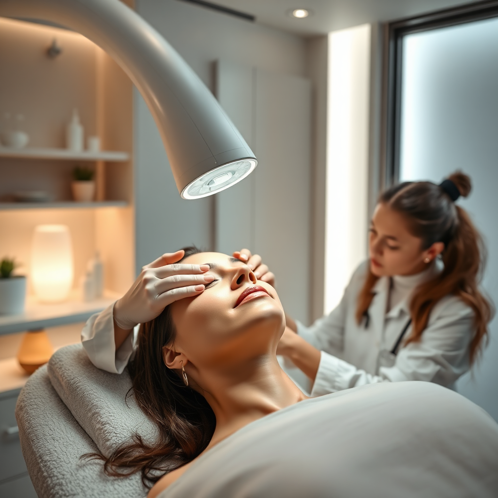 A photorealistic image representing the core values of SKIN & SCULPT STUDIO. Subject matter: A serene and modern treatment room where a client is receiving a gentle facial treatment from a skilled professional. Focus on the client's relaxed expression and the expert's careful touch. Composition should emphasize the cleanliness and sophistication of the environment. Lighting should be soft, ambient, and flattering, creating a sense of tranquility and trust. The color palette should be calming and spa-like, with muted blues, greens, and whites. Camera angle: Medium shot, capturing both the client and the professional. Texture details: Highlight the smooth surfaces of the equipment, the softness of the linens, and the healthy glow of the client's skin. Environment: A state-of-the-art treatment room with advanced technology and natural elements. Relevant props: Skincare products, soft towels, and calming aromatherapy diffusers. Style reference: Modern spa photography. Technical specs: 4K resolution, high-quality rendering.