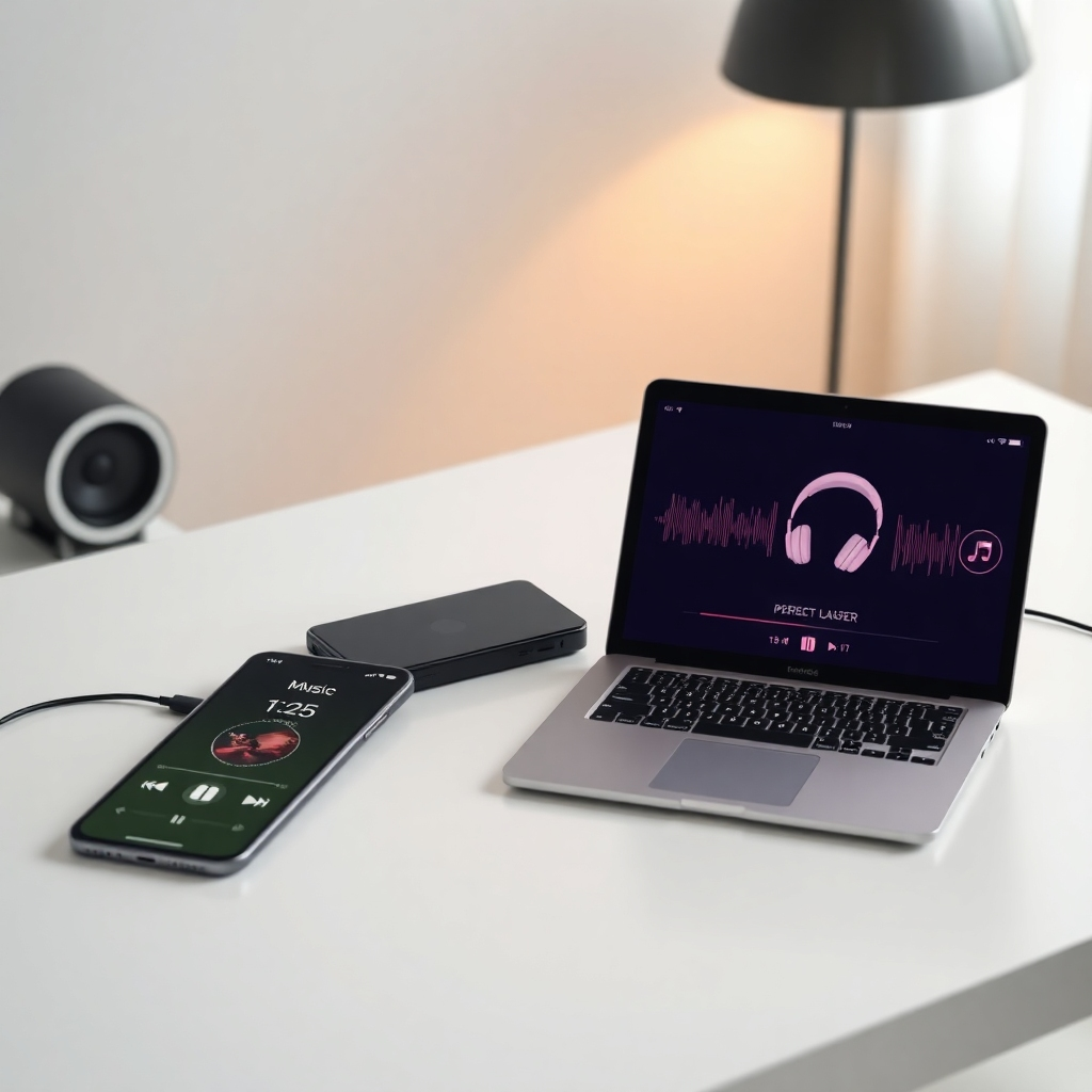 A photorealistic image showcasing various devices (phone, tablet, laptop) playing music in perfect synchronization. The devices are placed on a clean, modern desk. Soft, diffused lighting. Colors: Neutral and modern. Technical specs: High quality, photorealistic.