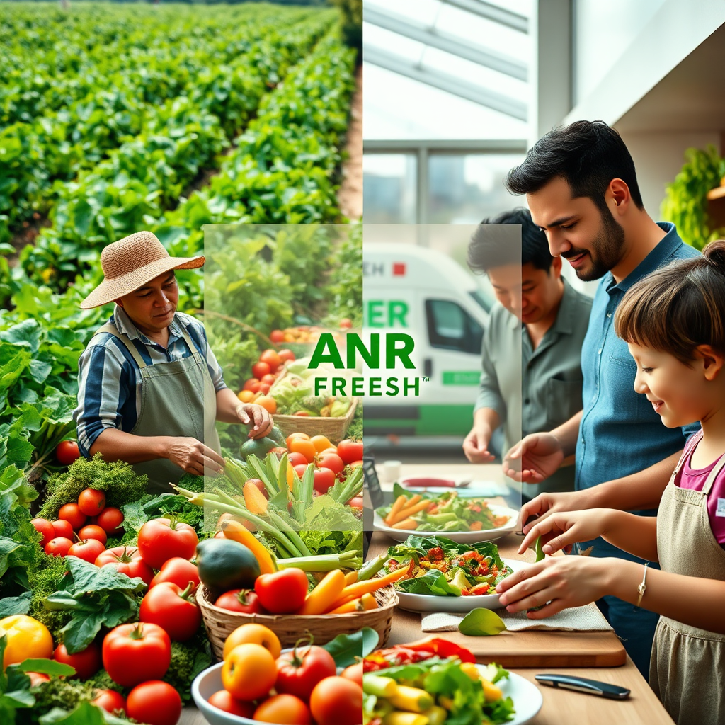 A photorealistic image showcasing the journey of fresh produce from farm to table. The left side of the image shows a lush green farm with farmers harvesting vegetables and fruits. The right side shows a modern kitchen with a family preparing a meal with the same fresh ingredients. A transparent overlay in the middle subtly connects the two scenes. The color palette is vibrant and natural, with a focus on greens, reds, and yellows. The lighting should be warm and inviting. Include subtle ANR FRESH branding, such as a delivery van in the background. The camera angle should be wide to capture the entire journey. Style: Documentary-style photography with a focus on authenticity and quality. Technical Specs: 4K resolution, high quality, shallow depth of field to focus on the ingredients.