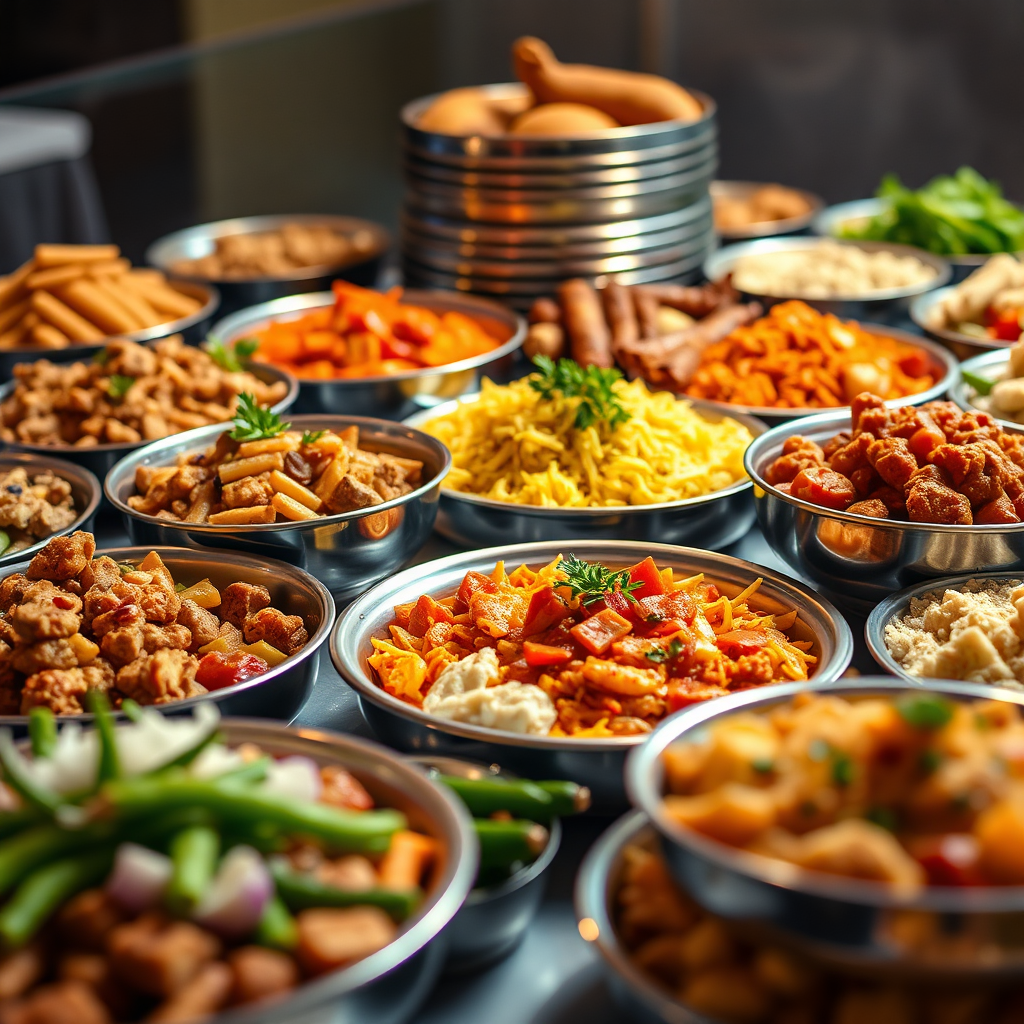 A photorealistic image showcasing a diverse buffet spread featuring both vegetarian and non-vegetarian dishes. The composition should highlight the variety of flavors and cuisines offered by Meghana Cooking & Catering. Lighting should be warm and inviting, accentuating the vibrant colors of the food. The camera angle should be slightly elevated, providing a comprehensive view of the spread. The background should be subtly blurred, focusing attention on the food.