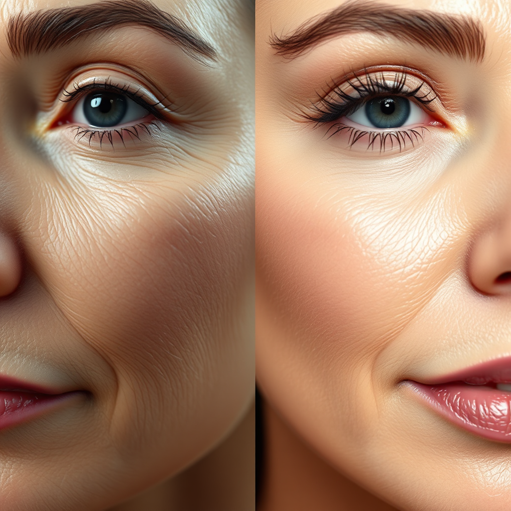 A photorealistic image showcasing the before-and-after effects of laser cosmetology. On one side of the image, show skin with wrinkles and imperfections. On the other side, show smooth, rejuvenated skin. The lighting should be consistent across both sides of the image. The color palette should be neutral and clean. Technical specs: 4K resolution, split-screen shot.