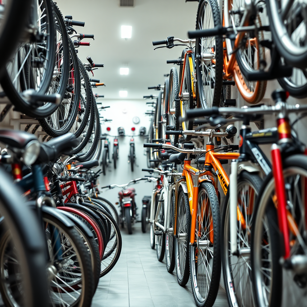 A photorealistic image showcasing a wall of cycles from various brands (Hero, Hercules, etc.) neatly arranged. The cycles are of different types, colors, and sizes, catering to diverse customer preferences. The lighting should be bright and even, highlighting the quality and craftsmanship of the cycles. Focus on capturing the details of the frames, wheels, and handlebars. The camera angle should be slightly low, emphasizing the height and variety of the cycle selection. Use a shallow depth of field to blur the background and focus on the cycles in the foreground. The overall style should be clean and professional, conveying a sense of trustworthiness and reliability.