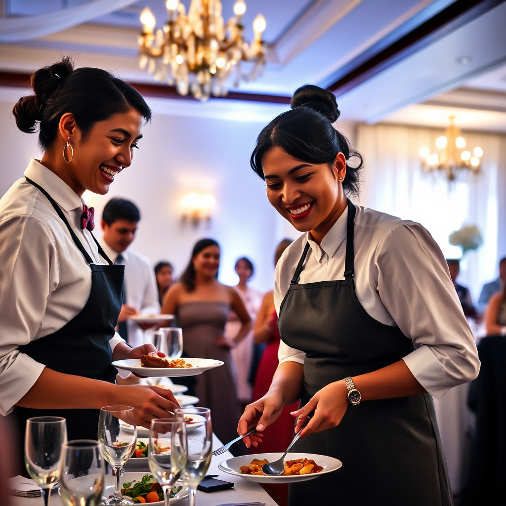 A photorealistic image showcasing Meghana Cooking & Catering staff providing impeccable service at a wedding reception. The composition should capture the professionalism and attentiveness of the staff, as well as the joyful atmosphere of the event. Lighting should be soft and flattering. The camera angle should be slightly wide, capturing both the staff and the guests in a candid moment.