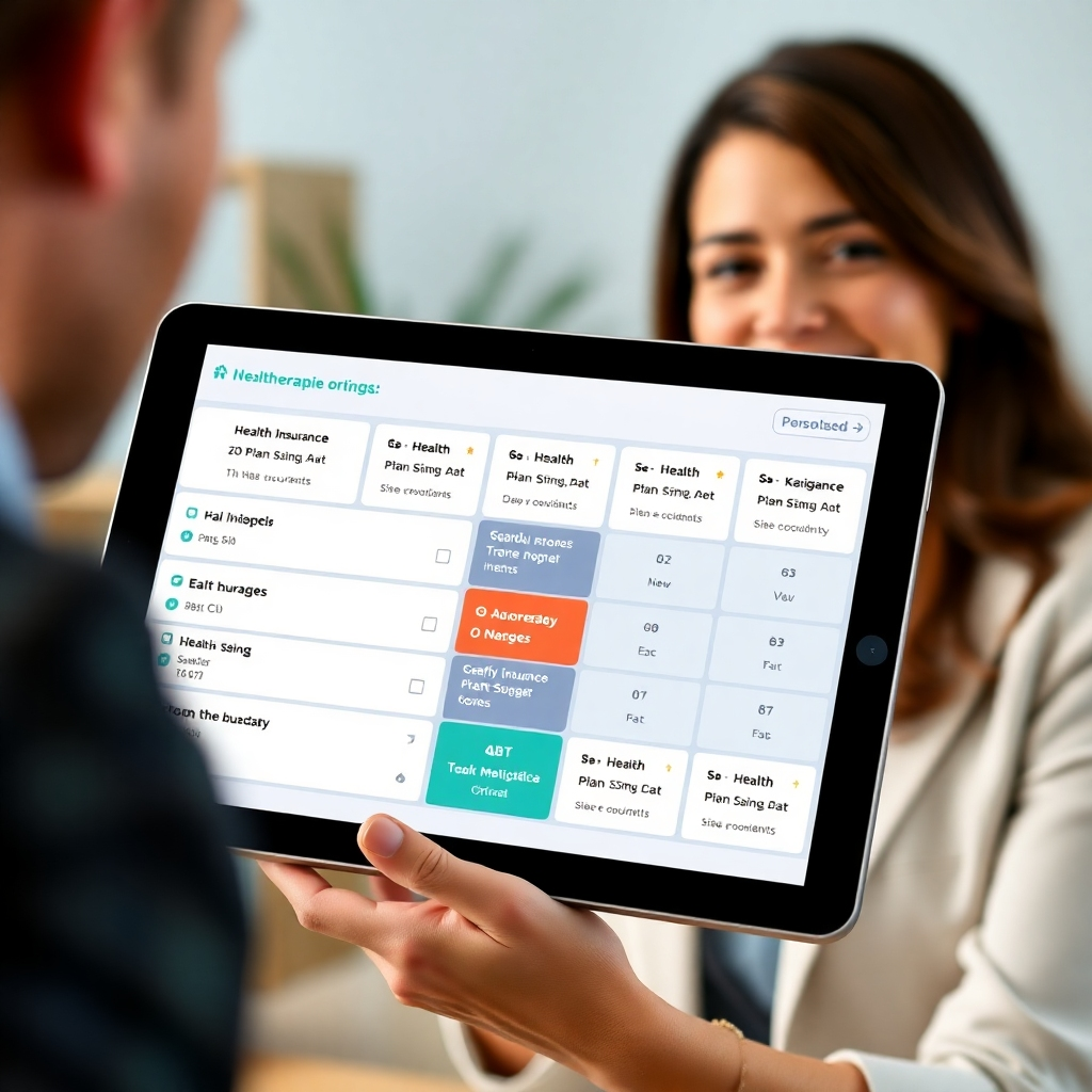 A photorealistic image showcasing various health insurance plan options displayed on a tablet screen. The screen is held by a friendly advisor in a professional setting. Soft, professional lighting. Medium shot. Focus on the range of options and personalized advice. 4K resolution, high quality.