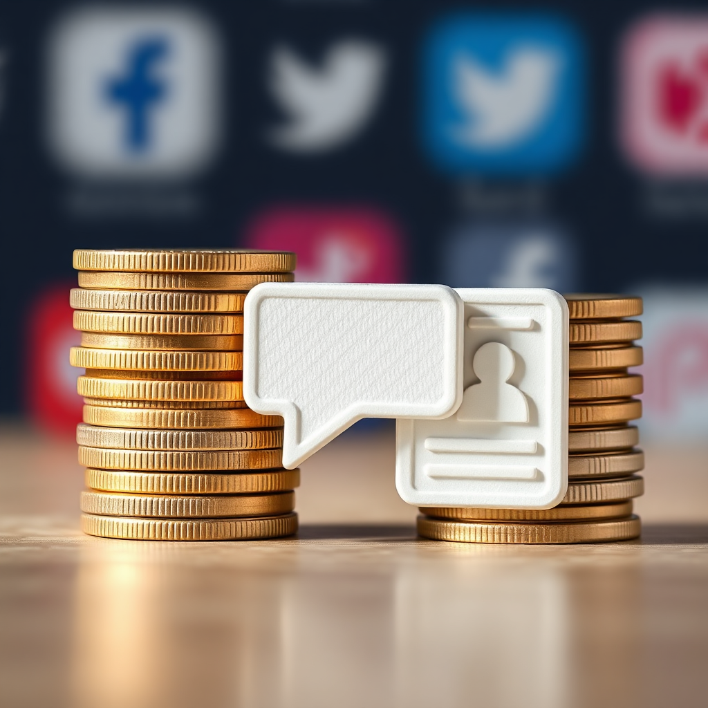 A photorealistic image showcasing a stack of coins (representing affordability) arranged to form the shape of a speech bubble (representing chatbots) and a webpage icon (representing landing pages). The background is blurred and features social media icons. The lighting should be bright and inviting, emphasizing the affordability of the services. The style should be simple and clean, conveying the message of accessibility and value.
