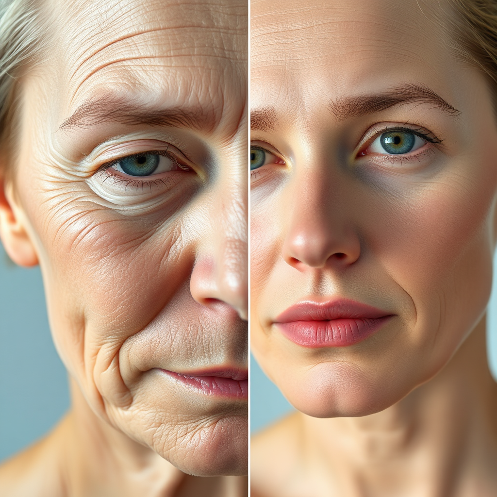 A photorealistic image showcasing the before-and-after effects of anti-aging therapy. On one side of the image, show skin with wrinkles and fine lines. On the other side, show smooth, rejuvenated skin. The lighting should be consistent across both sides of the image. The color palette should be neutral and clean. Technical specs: 4K resolution, split-screen shot.